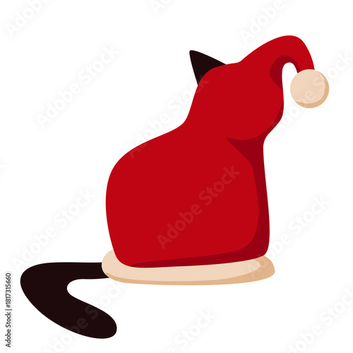 Black cat in Santa hat. One ear and tail peeking out from under the red cap. Illustration for Christmas cards, posters, invitations, nursery prints, stickers. Kitten lover