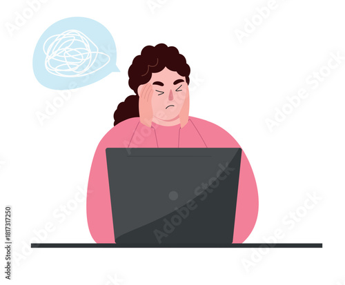 A woman is tired from working on her laptop, confused, and her thoughts are clouded. Online education. Vector flat graphics