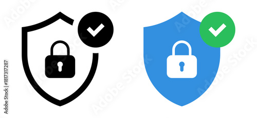 Security shield icons with a lock and check mark tick symbol - verified protection with a padlock and a green checkmark button - secure connection, verified access, privacy, and trusted authentication