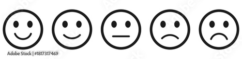 Feedback, rating emoji icons showing five emoticons levels from happy to sad, perfect for feedback, rating scale, surveys, and satisfaction and mood