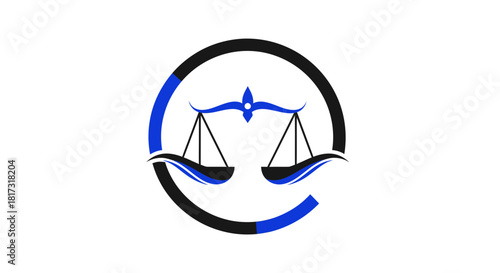 Abstract Emblem Of Justice With Scales, Embellished In Contemporary Blue And Black Design.