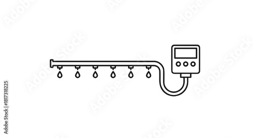 Drip irrigation system with controller in clean line art style, black and white colors, agricultural technology