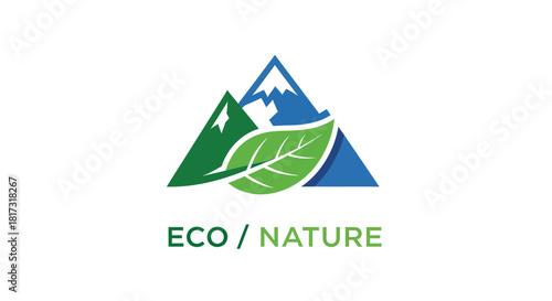 Abstract Environmental Logo Depicting Mountains And Leaf Suggesting Harmony Between Eco And Nature