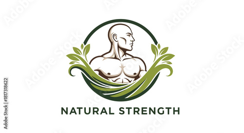 A logo featuring a muscular male torso within a circular frame of green leaves, with 'NATURAL STRENGTH' text below, symbolizing organic power and wellness.
