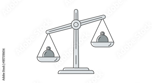 A simple line art illustration of a gray, unbalanced weighing scale with two different weights.