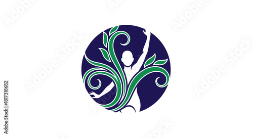 A logo featuring a person with arms raised, integrated with green plant elements inside a blue circle.
