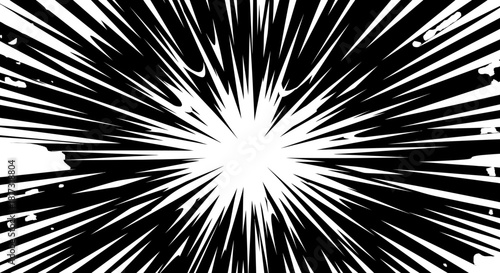 Explosive radial lines emanating from a bright white center against a black background, creating a dynamic comic book effect.