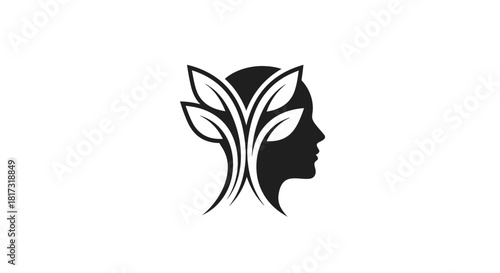 A minimalist logo featuring a human profile intertwined with stylized leaves, symbolizing growth and nature.