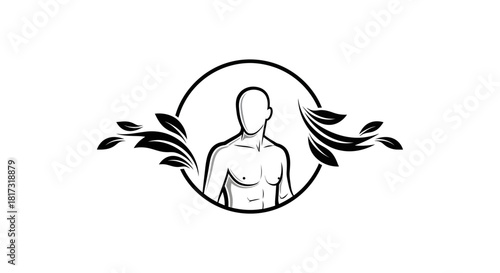 Stylized emblem of a healthy man's torso framed by a circle and leafy branches.