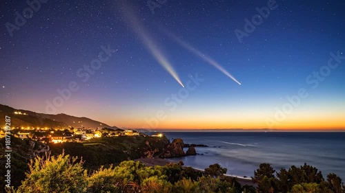 Night Sky Over Coastal Town with Light Beams