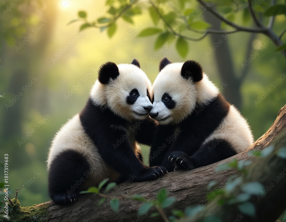 Obraz premium Two baby pandas snuggle closely on a tree branch. Their black and white fur contrasts with the green leafy forest background. One panda gently touches the other, showing affection.