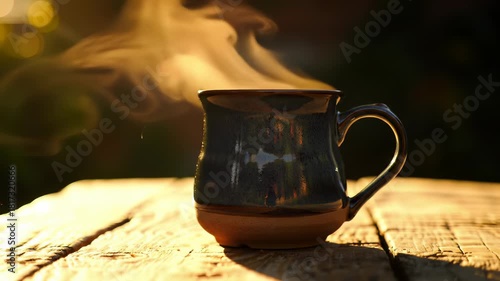 Wallpaper Mural Steam rising gently from a hot beverage in a cozy ceramic mug, resting on a rustic wooden table outdoors, bathed in warm golden morning sunlight. Torontodigital.ca