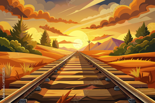 Train tracks in the sunset with warm golden light, beautiful view of the railway, dramatic sky creating a calm atmosphere in the evening...