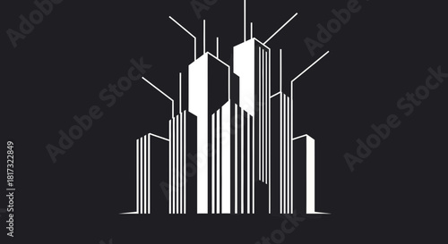 Abstract Geometric Cityscape Depicting Architectural Structures With White Lines and Black