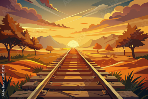 Train tracks in the sunset with warm golden light, beautiful view of the railway, dramatic sky creating a calm atmosphere in the evening...