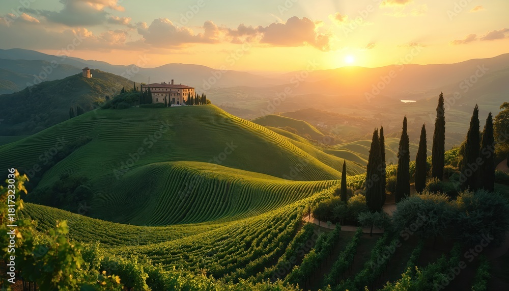Fototapeta premium Rolling green hills covered in vineyard rows lead to a grand villa at sunset. Cypress trees stand tall against the golden sky. Tuscan landscape offers serene rural beauty.