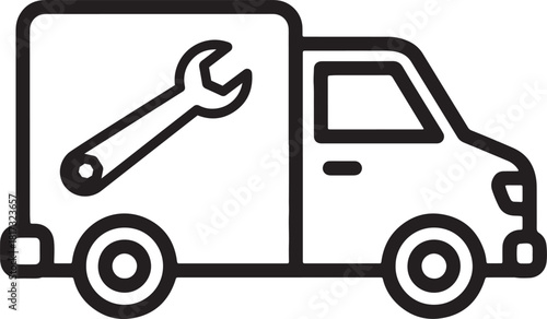 Black line art icon of a service van with a wrench inside truck repair isolated on a white background.