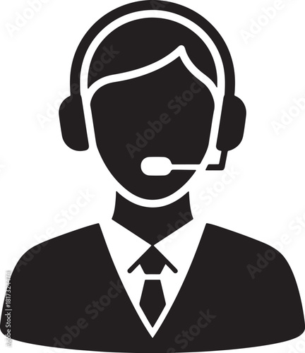 Black silhouette icon of a person wearing headphones and a tie, a woman isolated on a white background.