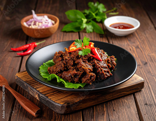 Beef rendang on a black plate. Served on the table.
