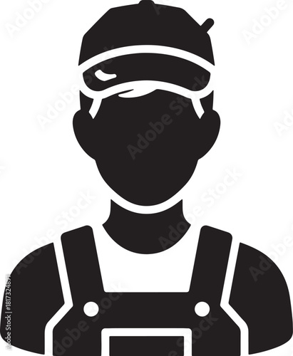 Black vector silhouette of a person wearing overalls and a cap, a worker laborer isolated on a white background.
