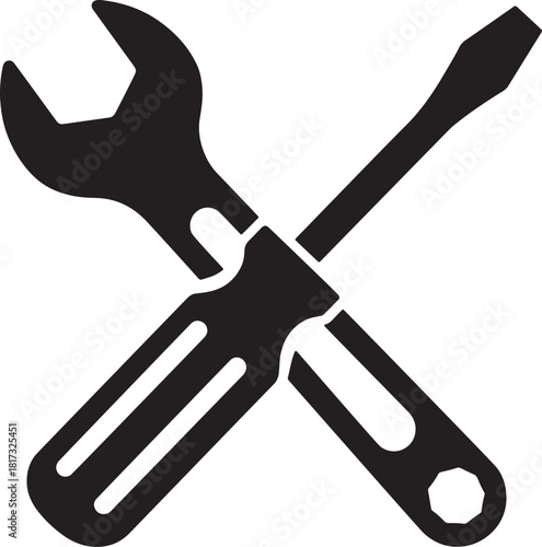 Black wrench and screwdriver crossed tools fixing icon, flat vector, isolated on a white background.
