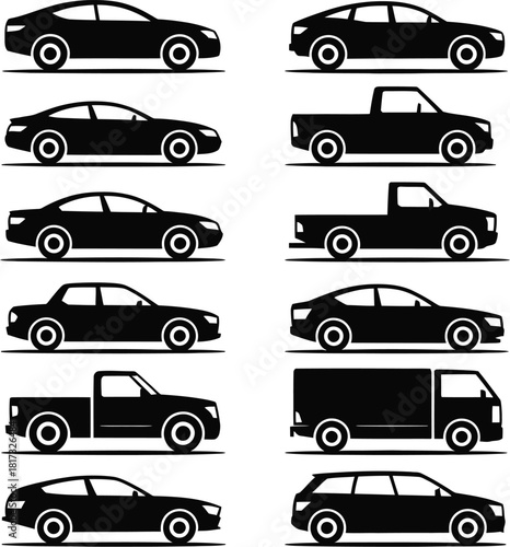 Silhouette Collection of Various Car and Truck Models vehicle icon