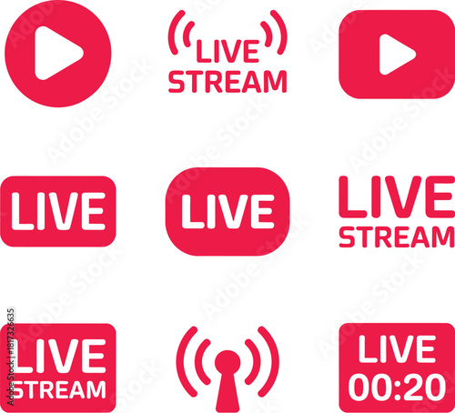 Live Stream and Play Button Icons in Red and White (57) vector