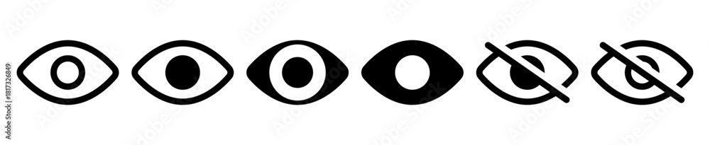 Obraz premium eye icon set. vision icon, see view icons - eyesight symbol - invisible eye hide icon, incognito icon no eye view hidden icon set. vision icon, unsee icons
