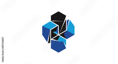 Abstract Geometric Composition Of Fractured Cubes In Shades of Blue and Black
