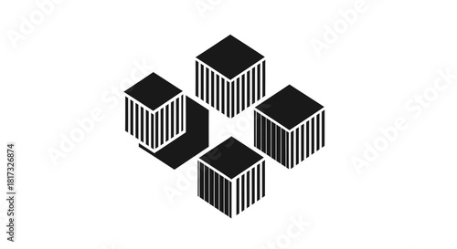 Abstract Geometric Composition Of Four Cubes With Linear Details On A White Background