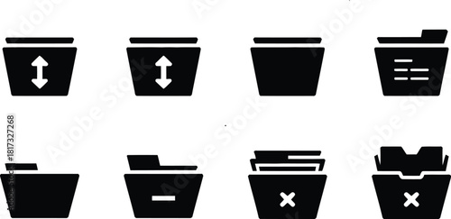 Set of eight black folder icons representing file management and data organization Keywords