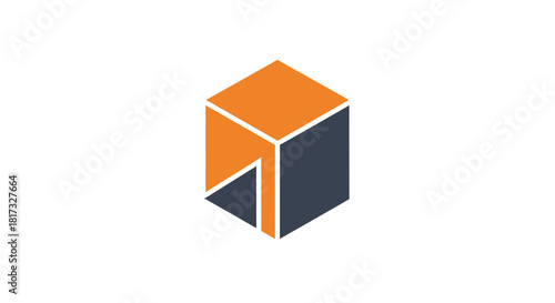 Abstract Geometric Cube Composition With Orange And Blue Tones Against a White Background