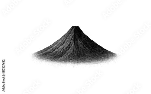 Detailed black and white stippled mountain art with volcanic shape