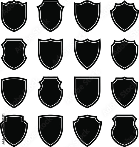 Sixteen black shield emblems with white borders arranged in a grid on white crest badge