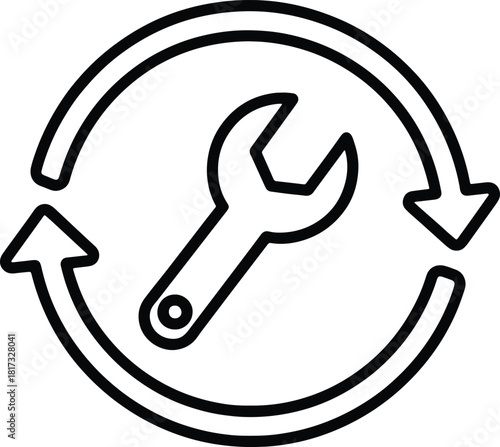 Wrench inside circular arrows icon for repair and maintenance spanner tool