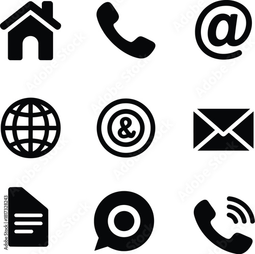 Set of nine black contact and communication icons on a white background information