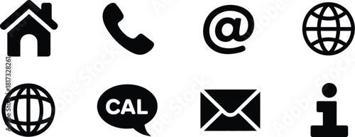 Eight black icons for website navigation contact and communication services Keywords: house