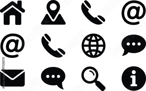 Twelve black contact and communication icons arranged in a grid on a white background