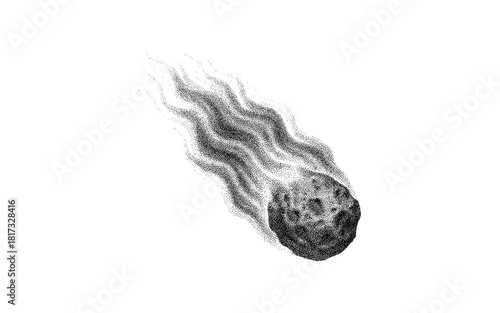Halftone meteorite with fiery trail on white background