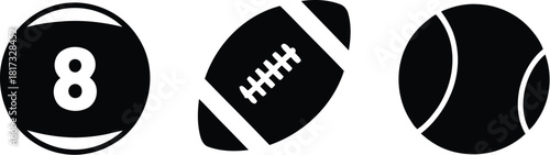 Sports balls icons set on white background Keywords: sports, balls, icons, set, 8 ball, pool