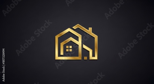 Gold linear geometric houses logo design on black background, showcasing nested architectural forms