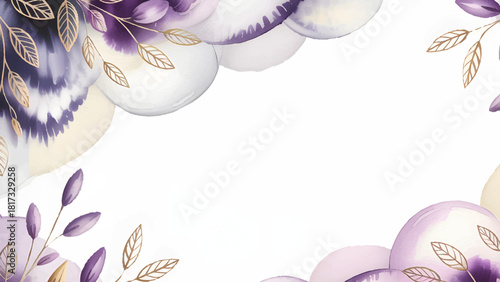 Elegant Abstract Purple Watercolor and Gold Leaf Frame , Soft Pastel Violet and Indigo Wash Background Border , Luxury Watercolor Floral Abstract Background Template