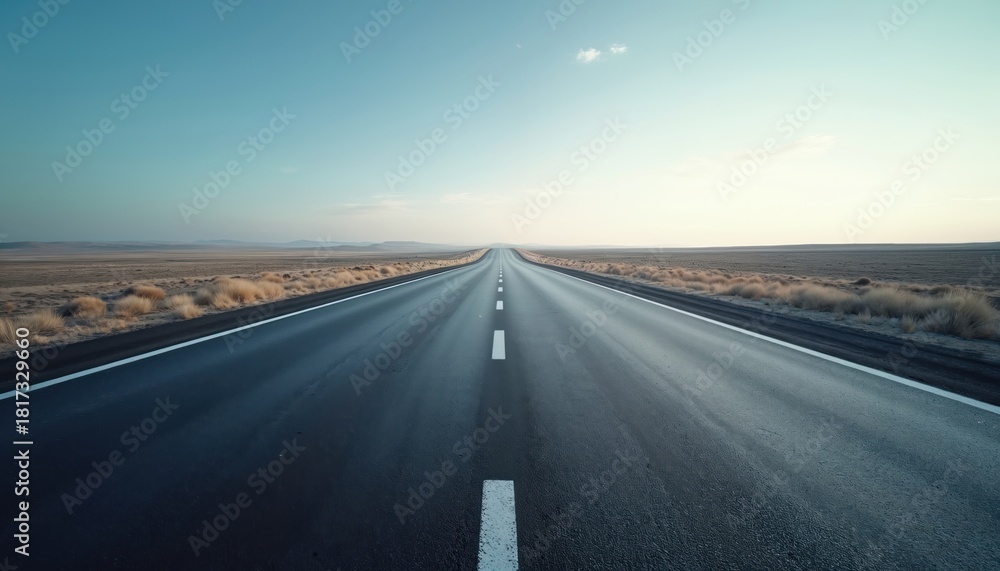 Fototapeta premium Empty new black asphalt highway stretches to horizon. Smooth empty road runs through dry grass fields under clear sky. Journey ahead on modern transport infrastructure.