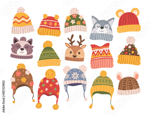 Cute fluffy winter hats made from warm knitted textile with charming childish design isolated set
