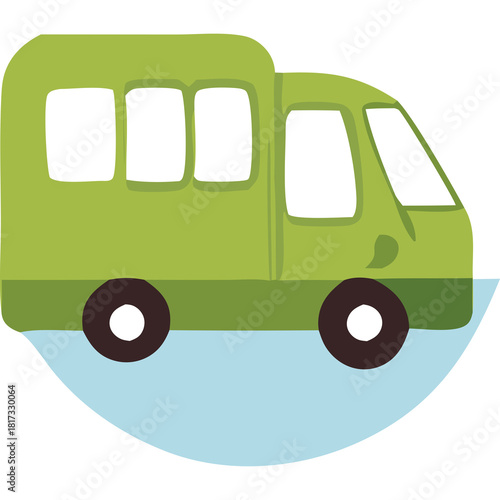 Simple Green Van Illustration With Transparent Background and Light Blue Water Element Below
