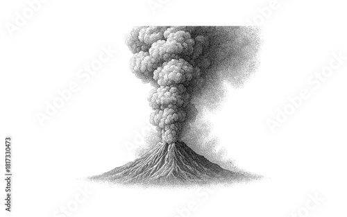 Dramatic dot art volcanic eruption with thick smoke clouds