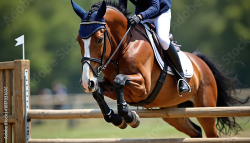 Equestrian rider and horse jump over wooden barrier during competition. Horse has brown coat with white blaze. Rider wears white pants dark top and helmet.