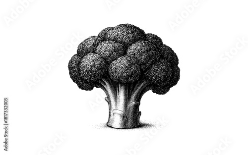 Detailed engraved black and white broccoli sketch on white background