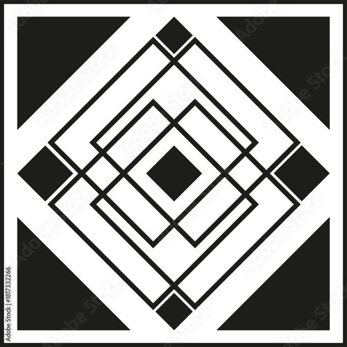 Symmetrical black and white Art Deco vector design featuring nested diamond shapes and abstract geometric elements. Perfect for luxurious backgrounds or borders.