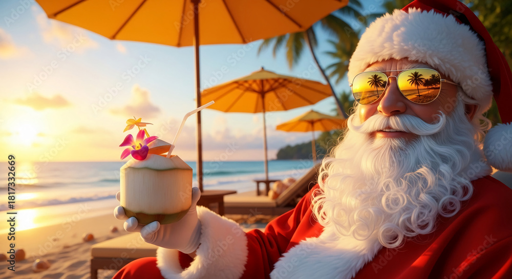 Naklejka premium Image shows Santa Claus with sunglasses holding a coconut drink on a beach at sunset, symbolizing a Christmas vacation or holiday getaway